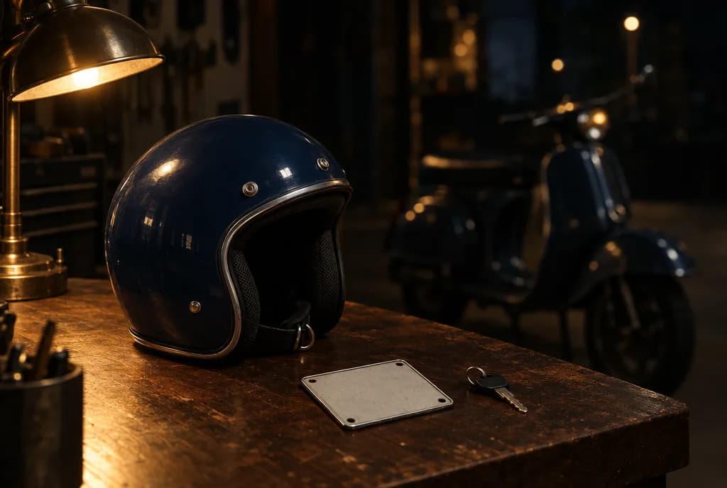 Un casco blu e una piccola targa su un banco da lavoro, con uno scooter nella penombra
