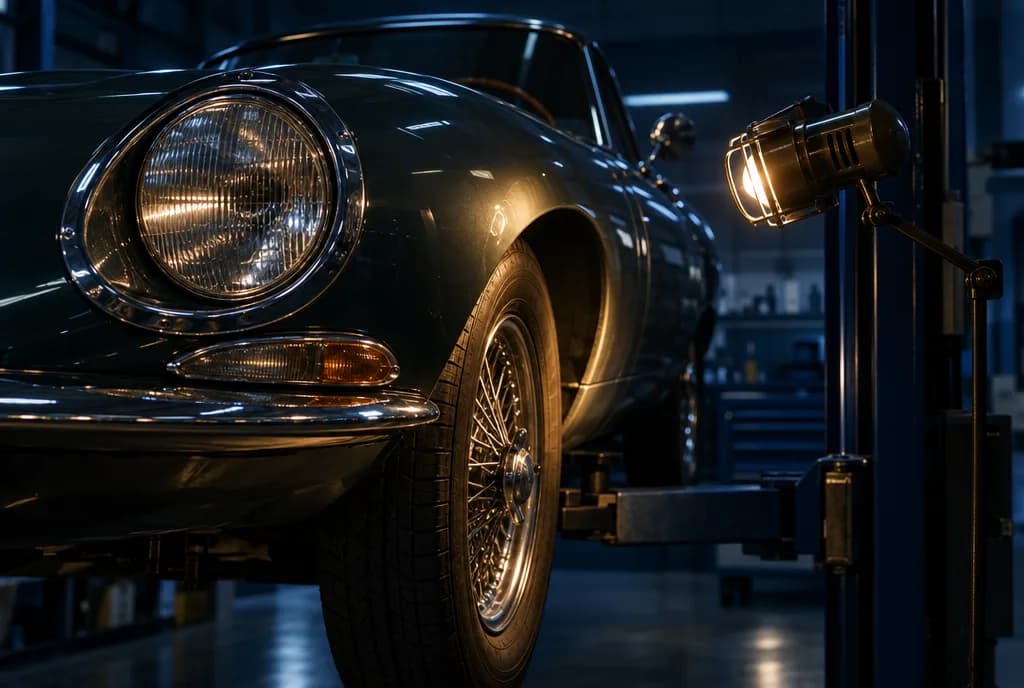 Un'auto d'epoca sul ponte sollevatore di un'officina, illuminata da una lampada da lavoro