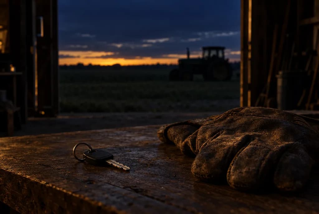 Guanti da lavoro e chiavi su un banco di legno, con un trattore all'orizzonte al tramonto