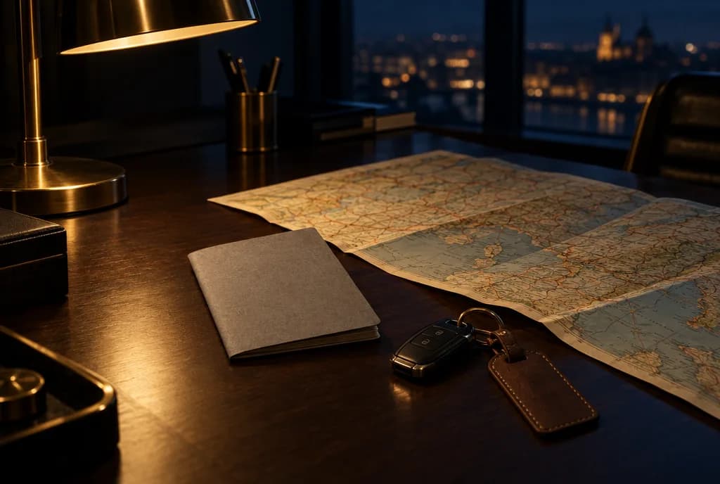 Una carta stradale aperta, un libretto e una chiave d'auto su una scrivania di notte