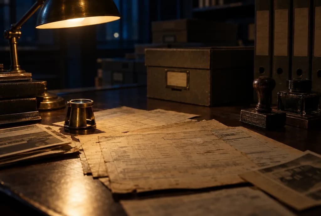 Fogli d'archivio ingialliti e timbri su una scrivania, con scatole di documenti sullo sfondo