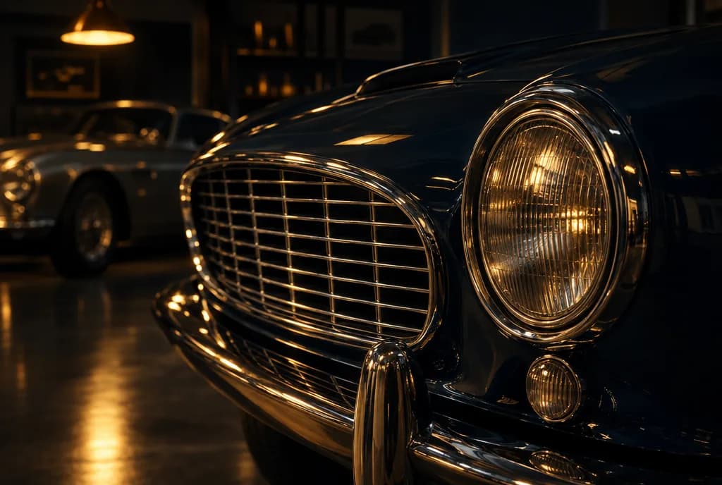 Il frontale cromato di un'auto d'epoca in un garage in penombra