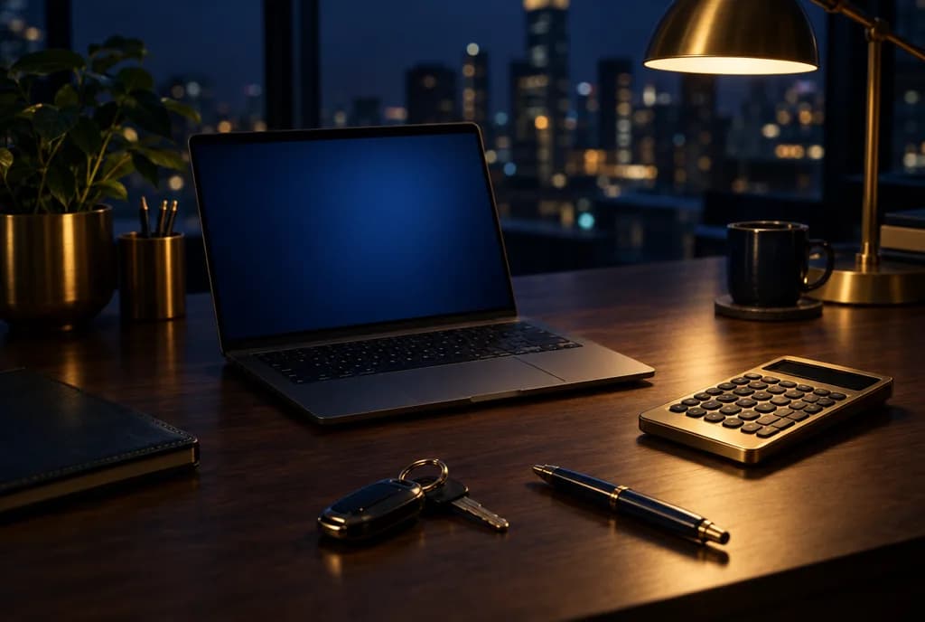 Un computer portatile, una calcolatrice e una chiave d'auto su una scrivania di sera