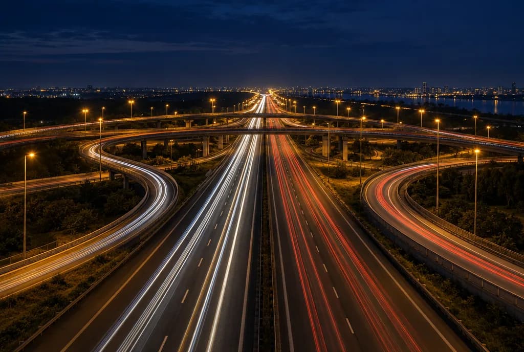 Svincoli autostradali illuminati di notte, con le scie delle auto